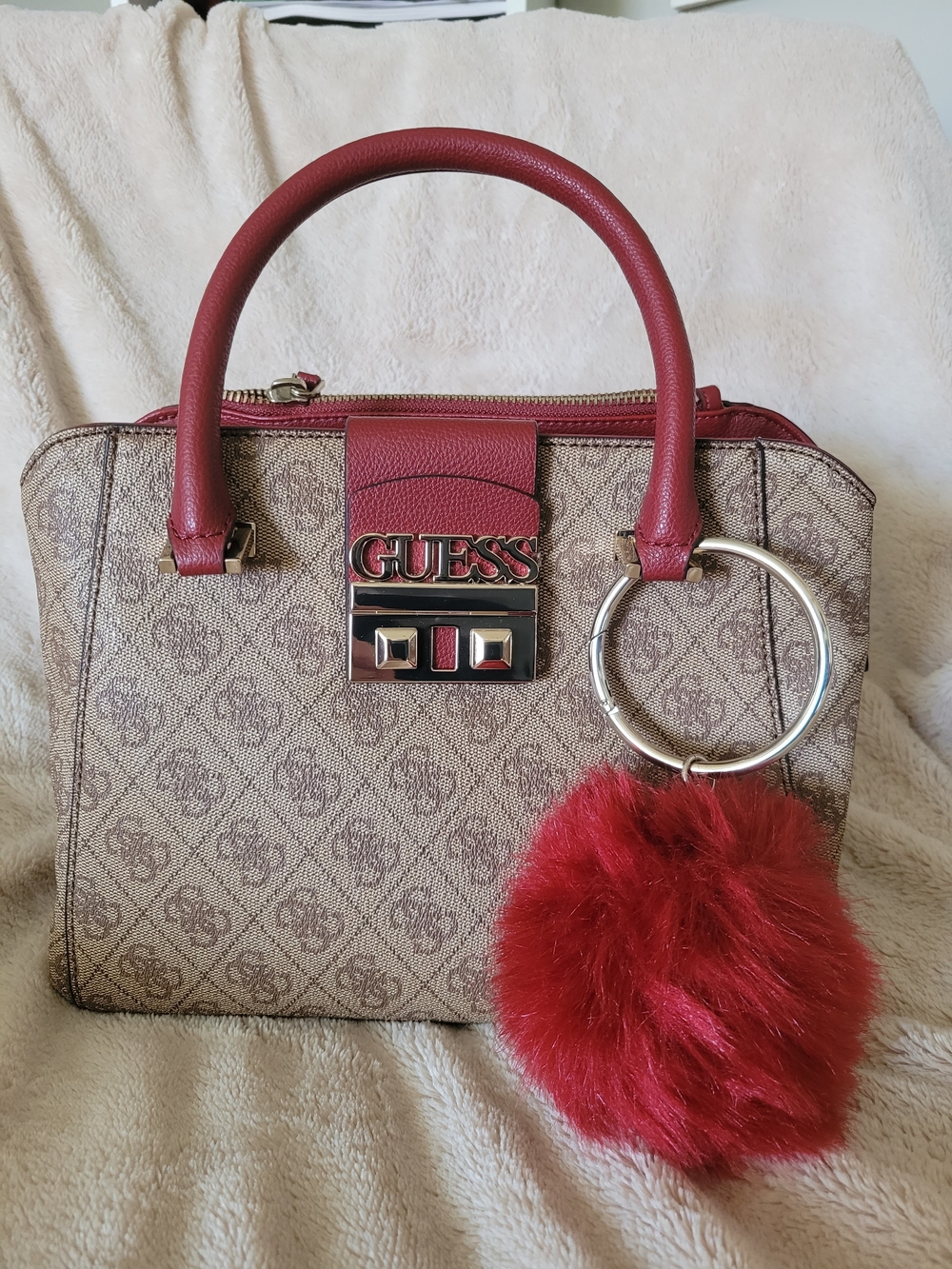 GUESS Red Accent Signature Satchel Bag